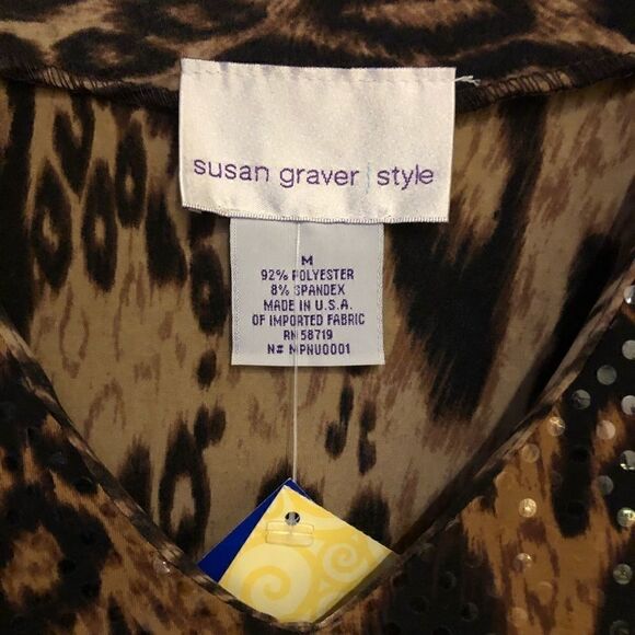 Susan Graver M NWT Leopard Sparkling Sequin Liquid Knit Mob Girl V Top - Picture 5 of 9